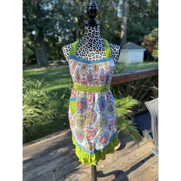 Anthropologie Floral Cotton Bibbed Apron Smocked Pocket Vintage Style Lime New - Picture 1 of 6